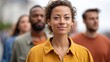 © olga_demina - Multi ethnic group of people participating in a protest for immigration, led by a young woman with short curly hair and a yellow shirt, promoting social justice and equality in the united states