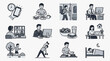 © Sahl - Elegant Monochrome Illustrations of Daily Work Life Balance Routines Featuring Office Exercise and Relaxation Activities