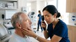 © Tenong - Optometrist examining senior man's eye with ophthalmoscope in clinic