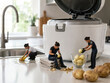 © milanchikov - Pequeñas figuras trabajando en la cocina pelando papas al lado de una olla arrocera y un fregadero en un ambiente doméstico