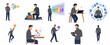 © Haimura - Business Productivity and Digital Technology Flat Vector Illustration Set Featuring a Man in Various Work and Mindfulness Scenarios