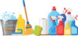 © MdMizanur - House Cleaning Supplies Product Vector Set with Bucket, Soap Foam, Broom, Sponge, Paper Towel, and Detergent Spray Bottles for Domestic Janitorial Services