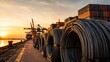 © Cantarela - Steel cable coils stacked on industrial port dock at sunset. Heavy wire rope for shipping crane lifting and logistic construction supply. Metal material for offshore infrastructure.