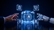 © M@rketVisualsStudio - AI governance and ethical compliance regulation showing human and robot hands pointing to artificial intelligence policy cube