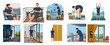© Haimura - Collection of flat vector illustrations of a man engaging in various daily routines on a balcony, including watering plants, relaxing with coffee, and exercising