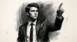 © Bongopi  - Charcoal sketch of a confident young man in a suit pointing upwards with a determined expression against a textured background