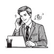 © Mahabubur - Young businessman talking on phone at desk with laptop