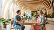 © ShahZaib - Modern healthcare consultation with pregnant woman and doctor, biophilic interior design with wooden arches, sustainable clinic environment, bright natural lighting