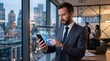 © technical - Businessman Using Smartphone with Futuristic AI Search Bar Interface for Artificial Intelligence, Chatbot and Digital Assistant Technology