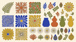 © ARA - Eine Sammlung von handgezeichneten botanischen Elementen, Blumen, abstrakten Mustern und Keramikvasen im modernen Retro-Stil mit einer warmen Farbpalette auf einem hellen Hintergrund.