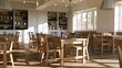 © Matthew - Contemporary sunlit restaurant interior with wooden tables and chairs large windows and bookshelves inviting cozy dining atmosphere