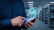 © PixelMastery  - Professional accesses holographic brain search on smartphone for corporate intelligence