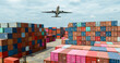 © Fahroni - Airplane flying above container logistic. Container crisis. Freight transportation. Logistic industry. Container ship for export logistics. Container at the harbor for truck transport. Air transport.