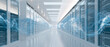 © Kingdola - Data Center Hallway: A futuristic data center with rows of server racks stretching into the distance, illuminated by cool blue light and digital data streams.