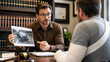 © Mochi - Man Victim Of Accident Signing A Document And A Male Adult Lawyer Assist A Injured Man With Legal Problem