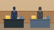 © Mohamad - Minimalist flat illustration of male and female professional silhouettes in suits standing behind desks with folders, perfect for legal, political, or corporate hearing concepts.