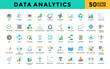 © Gravisio - Data Analytics icons set with data, analytics, insights, metrics, dashboard, visualization, graph, chart, histogram, scatter plot icon. Simple color vector