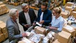 © Shah Zain - Group of business people discussing and checking inventory in a warehouse with boxes