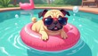 © Viktor - Cute cartoon pug wearing red sunglasses floats on pink ring in turquoise swimming pool water. Funny dog relaxes during hot summer day outdoors. Pet animal enjoys pool party fun with bubbles around