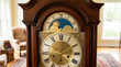 © Len_mik - Close up of an antique wooden grandfather clock face. Traditional brass dial with Roman numerals and a moon phase indicator
