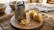 © PhotoHub - Freshly grated apples with a metal grater on a wooden cutting board