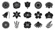 © jackartist - Collection of fifteen floral silhouettes showing petal and center variations, symbolizing nature, elegance, and diversity in minimalist black‑and‑white graphic design.