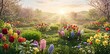 © ProNoJoy - Idyllic spring meadow filled with colorful tulips and hyacinths under a gentle sunrise, showcasing a peaceful garden path and blooming trees in a soft, hazy morning light with vibrant floral