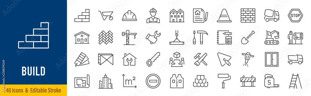 Construction line icons in editable stroke style. Building ...