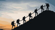 © Hanun - Silhouette of a diverse group of hikers climbing a steep mountain ridge at sunset, helping each other up by holding hands, representing teamwork and cooperation in nature.