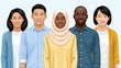 © Konic - Diverse group of five people standing together, flat vector illustration representing multicultural community and teamwork.