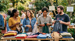 © Potongaja - Diverse friends laughing while sorting used clothes at a community swap event