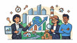 © gino - A colorful cartoon graphic illustration of three people standing in front of a large screen displaying a graph with an u