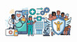 © gino - A colorful cartoon illustration depicting a diverse group of people medical professionals and healthcare-related symbo