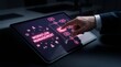 © Add Win - Professional hand interacting with a glowing pink digital tablet interface displaying futuristic workflow management flowcharts for optimized business operations and corporate process automation.