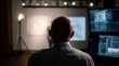 © Justlight - Hybrid class instructor in crisp focus midshot surrounded by outoffocus studio lights and streaming tech creating immersive educational environment.