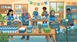 ©  CozyVisionary - Diverse group of volunteers working together in a charity center, organizing water, fans, and clothing for community relief. An inclusive, uplifting illustration for social aid.