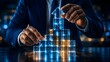 © D' Architect - Forward thinking corporate analyst directing a glowing digital cube arrow upward indicating positive business financial growth successful market trends and advanced technology progress
