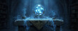 © Artem Zatsepilin - glowing blue magical orb hovering over ancient stone altar with runes in dark room. swirling light, mystical smoke, wizard library. fantasy concept art, background, banner, website header.