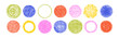 © Arina - Colorful crayon and brush stroke circles with textured paint effects, featuring hand-drawn dots, sketchy lines, and artistic doodle elements. Vector illustration.