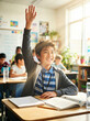 © Violet - Young Asian boy raising hand and smiling in classroom during lesson