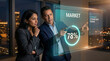 © Rendara Studio - Analysts studying holographic market sentiment gauge with AI insight in dark office