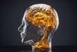 © AdPremium - Conceptual glass human head profile with a swirling golden liquid brain symbolizing intelligence and creativity