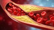 © Pinit - Red blood cells flowing through an artery partially blocked by cholesterol plaque and heart disease risk.