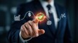 © Pinit - Successful financial completion concept featuring a businessman touching a digital icon with a green checkmark.