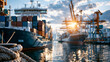 © Kateryna - A cargo container ship moored at a bright harbor loading and unloading containers with cranes clean daylight container ship harbor containers cranes loading unloading
