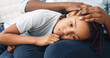 © Prostock-studio - Close-up Of Girl's Head On Lap, African Mother Comforting Her Sad Child On Sofa At Home, Panorama