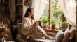 © Setia Fitra - Cheerful young adult drinking hot coffee near garden window representing joyful slow living, morning relaxation and domestic comfort.