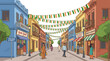 © Joko santoso - Diverse group of people walking along a vibrant street decorated with festive bunting.