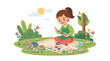 © Ednardo - Creative Young Artist Painting Rocks Outdoors: A young girl with a ponytail, wearing an apron, sits cross-legged on a blanket in a grassy garden, joyfully painting colorful designs on stones.