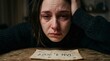 © IbragimovN - Sad crying young woman leaning on a wooden table with a vintage note reading 'Jan 1, 2027', expressing grief, depression, and despair.